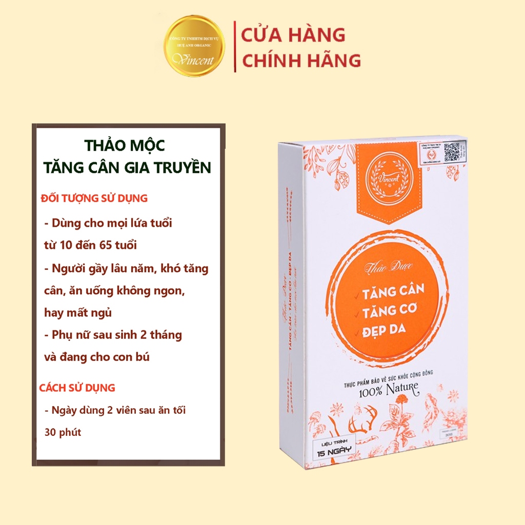 Tăng cân VINCENT liệu trình 15 ngày Chính Hãng hiệu quả an toàn không tích nước cho người gầy