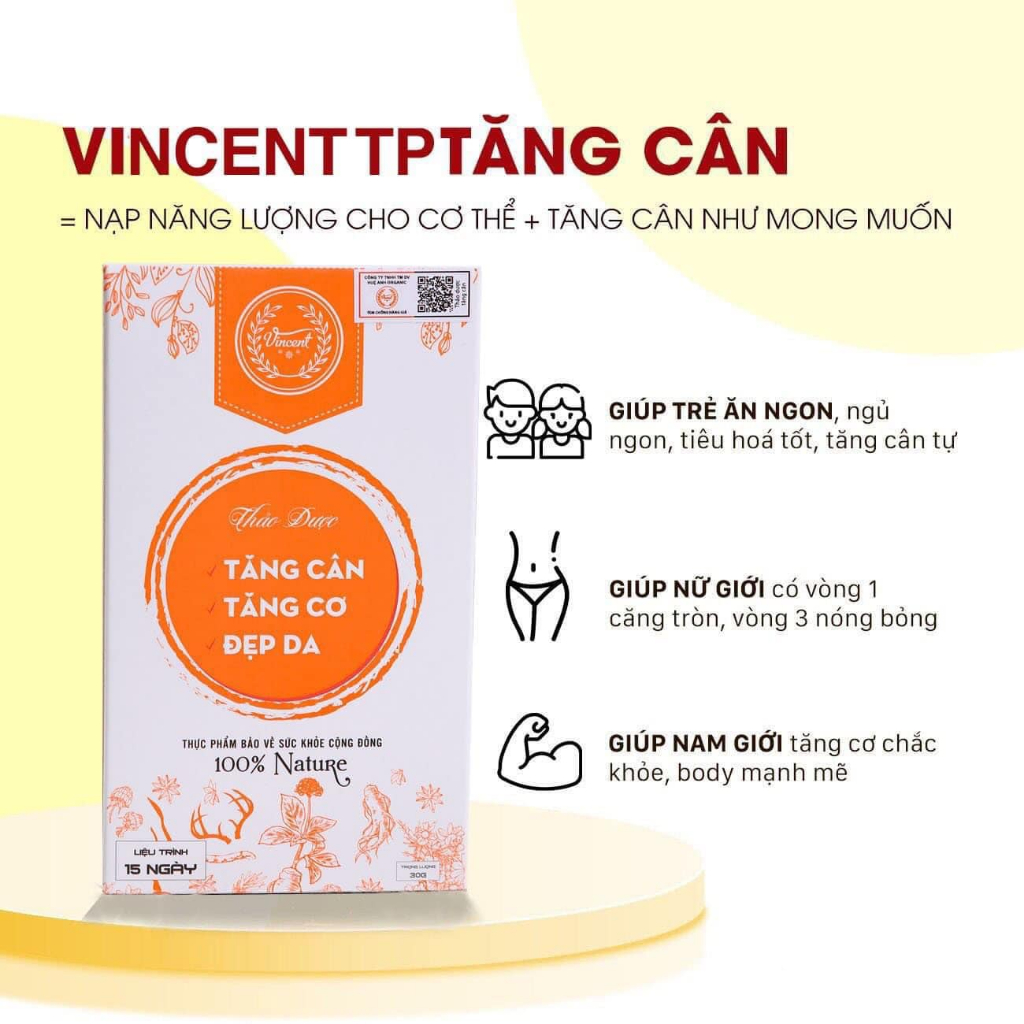 Tăng cân VINCENT liệu trình 15 ngày Chính Hãng hiệu quả an toàn không tích nước cho người gầy