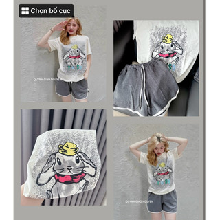 (Order) Set bộ áo thỏ mũ vàng mix quần sort thun trắng thể thao (Kéo sang phải xem ảnh thật)