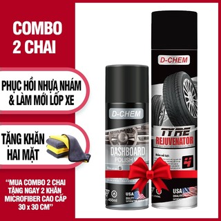 Combo Chai Phục Hồi Nhựa Nhám Dashboard Polish & Làm Mới Lốp Xe Tire Rejuvenator Tặng 2 Khăn 2 Mặt