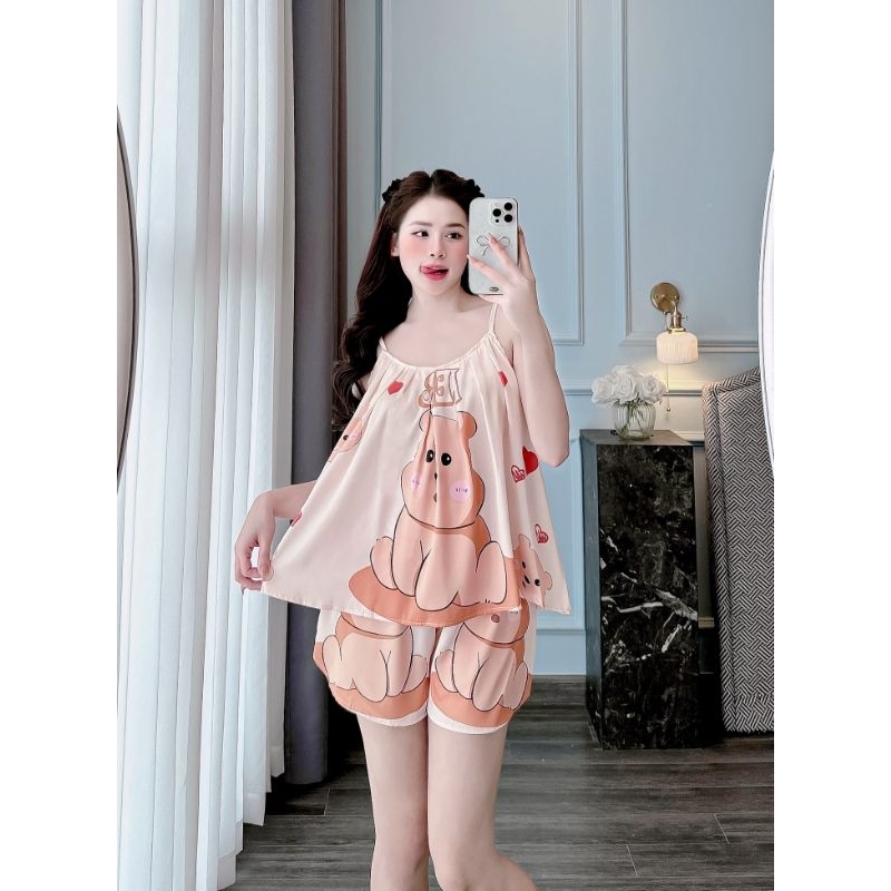 Đồ bộ pjiama lụa LATIN LOẠI 1 đùi hai dây tiểu thư in hình gấu dễ thương 40 - 60 kg
