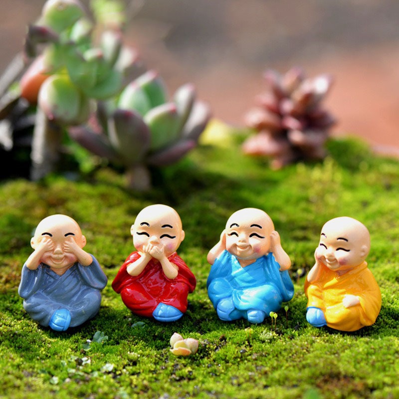 Bộ 4 Chú Tiểu Tứ Không (MÀU) Trang Trí Hồ Cá, Bể Cá, Chậu Cây, Tiểu Cảnh Terrarium [CHÚ TIỂU MÀU]