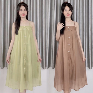 Váy 2 dây dáng dài phối khuy ngọc suông chữ A voan tơ mềm 2 lớp freesize - NOC DRESS