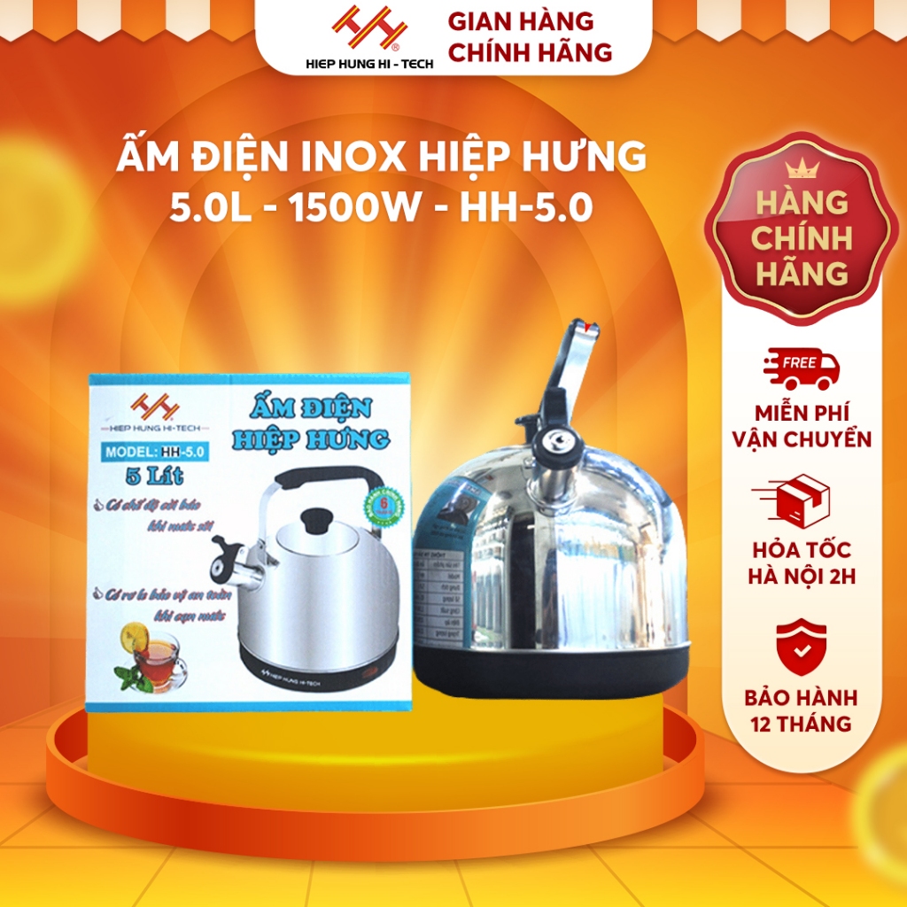 Ấm Điện 5,0 Lít HIỆP HƯNG, 1500W , Ấm Đun Nước Inox Còi Báo Khi Nước Sôi - HH5.0L
