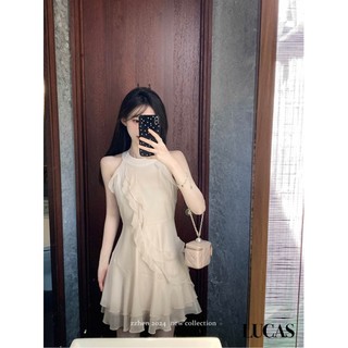 Váy cổ yếm dáng a ngắn xếp ly viền lượn basic