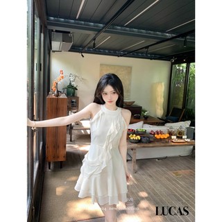 Váy cổ yếm dáng a ngắn xếp ly viền lượn basic