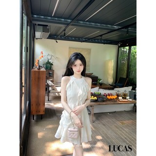 Váy cổ yếm dáng a ngắn xếp ly viền lượn basic