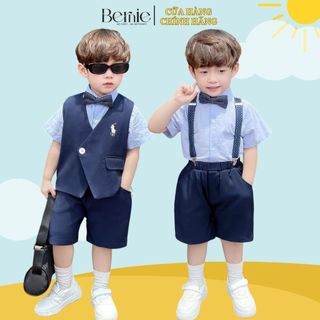 Đồ vest gile cho bé trai lịch lãm, cao cấp BERNIE áo xanh quần âu không kèm nơ đai từ 9-25kg 0424B32