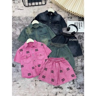 Set bộ jean đùi họa tiết chữ áo cổ sơ mi ngực đắp hai túi nắp tay ngắn kèm quần short hàng đẹp! TOMBI SHOP