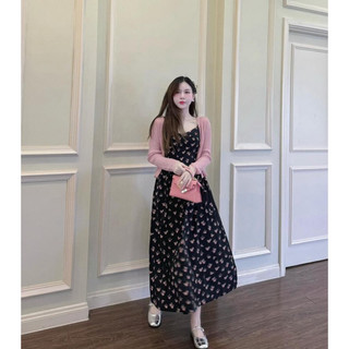 Set đầm hoa đen khoác hồng🌷