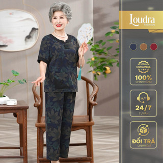 Bộ đồ lụa trung niên mặc nhà cho mẹ Loudra Fashion mềm mại hoạ tiết sang trọng cộc tay quần dài B30