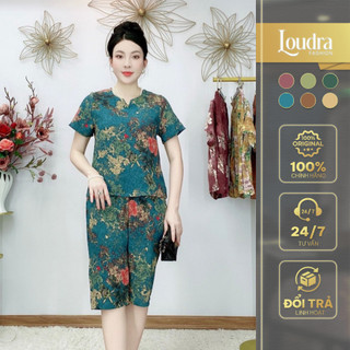 Bộ đồ lụa trung niên mặc nhà cho mẹ Loudra Fashion hoạ tiết hoa xanh tay ngắn quần lửng B37