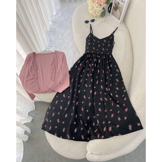 Set đầm hoa đen khoác hồng🌷