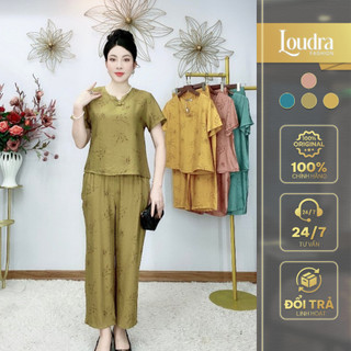 Bộ đồ trung niên mặc nhà cho mẹ Loudra Fashion đũi tơ mềm mại, co giãn nhẹ hoạ tiết cộc tay quần dài B35