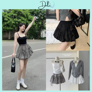 Chân Váy Ngắn Dáng Bí Phồng Đính 2 Nơ Chất Liệu Thô Hàn Có Lót Quần Trong