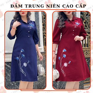 [CG09] Đầm thiết kế trung niên tặng mẹ Bigsize MCGIN, đầm cổ sơ mi thêu hoa xanh, họa tiết thêu hoa tỉ mỉ tinh tế cho mẹ