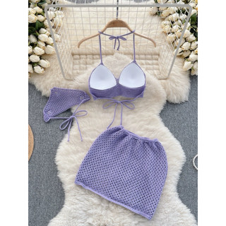 Set bikini 3 món len họa tiết hoa cúc