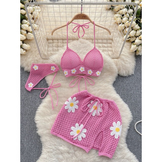 Set bikini 3 món len họa tiết hoa cúc