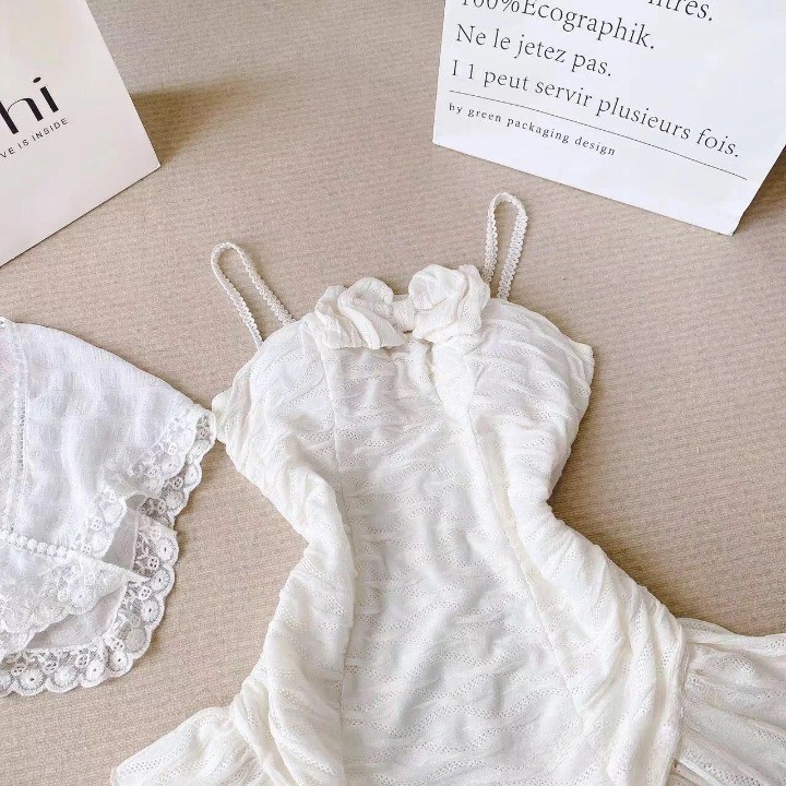 Jumpsuit nữ bikini liền thân vải xốp sóng nơ ngực siêu xinh, Váy đi biển 2 dây phối viền bèo phong cách sexy N2Bstyle | BigBuy360 - bigbuy360.vn