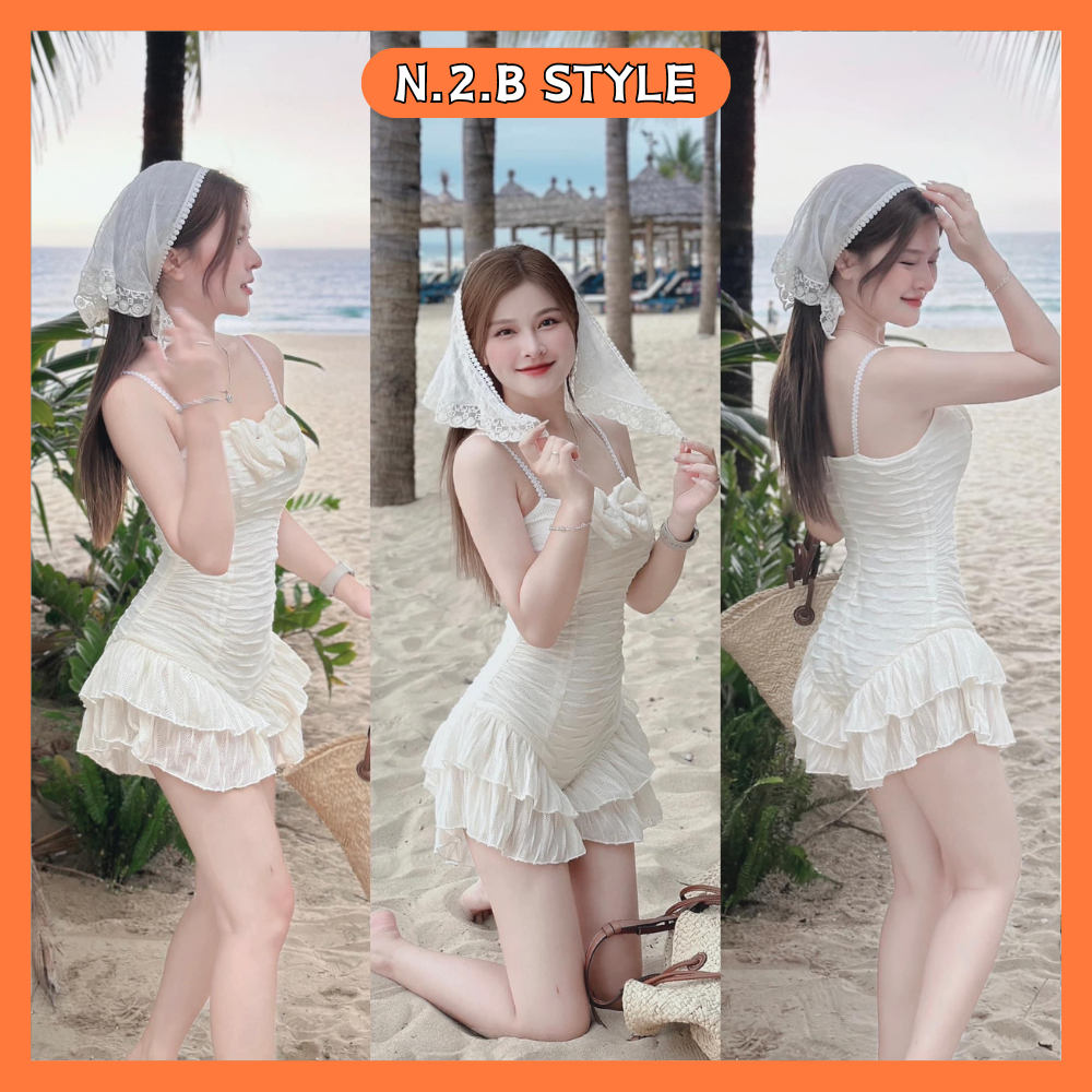 Jumpsuit nữ bikini liền thân vải xốp sóng nơ ngực siêu xinh, Váy đi biển 2 dây phối viền bèo phong cách sexy N2Bstyle | BigBuy360 - bigbuy360.vn
