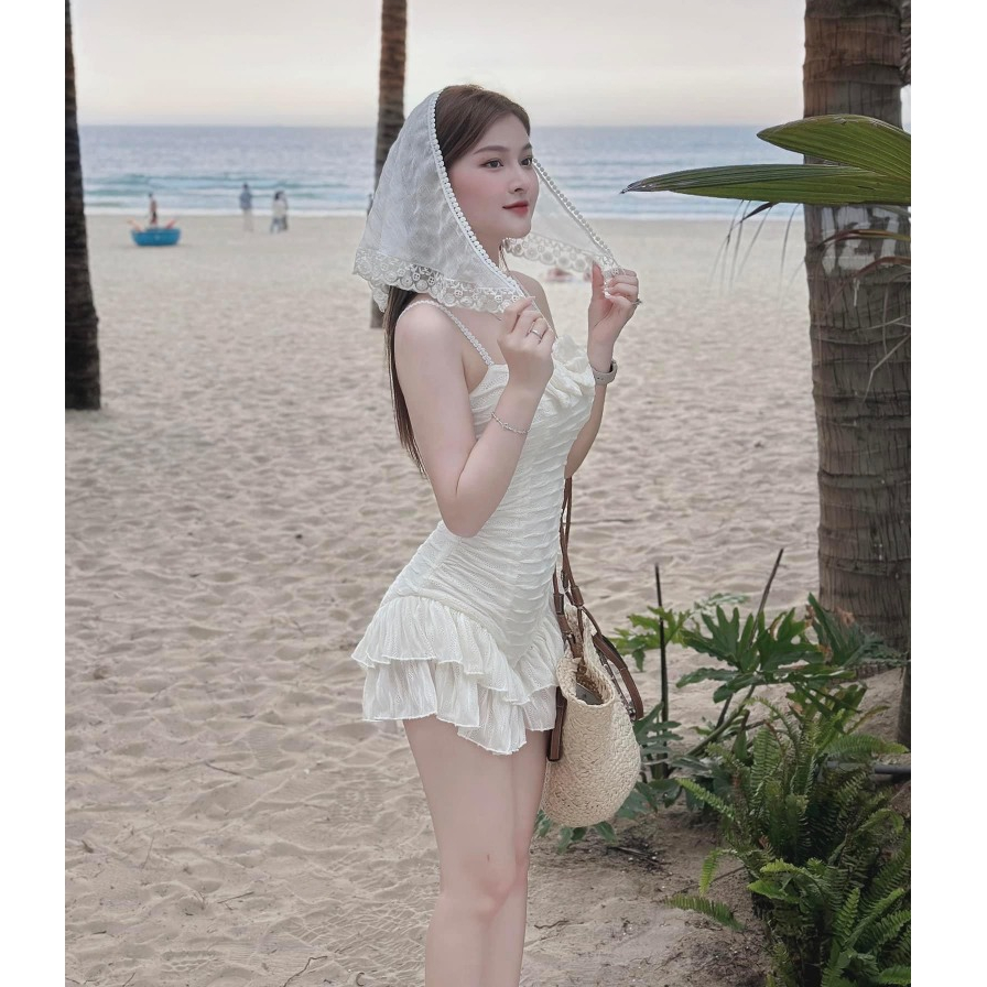 Jumpsuit nữ bikini liền thân vải xốp sóng nơ ngực siêu xinh, Váy đi biển 2 dây phối viền bèo phong cách sexy N2Bstyle | BigBuy360 - bigbuy360.vn