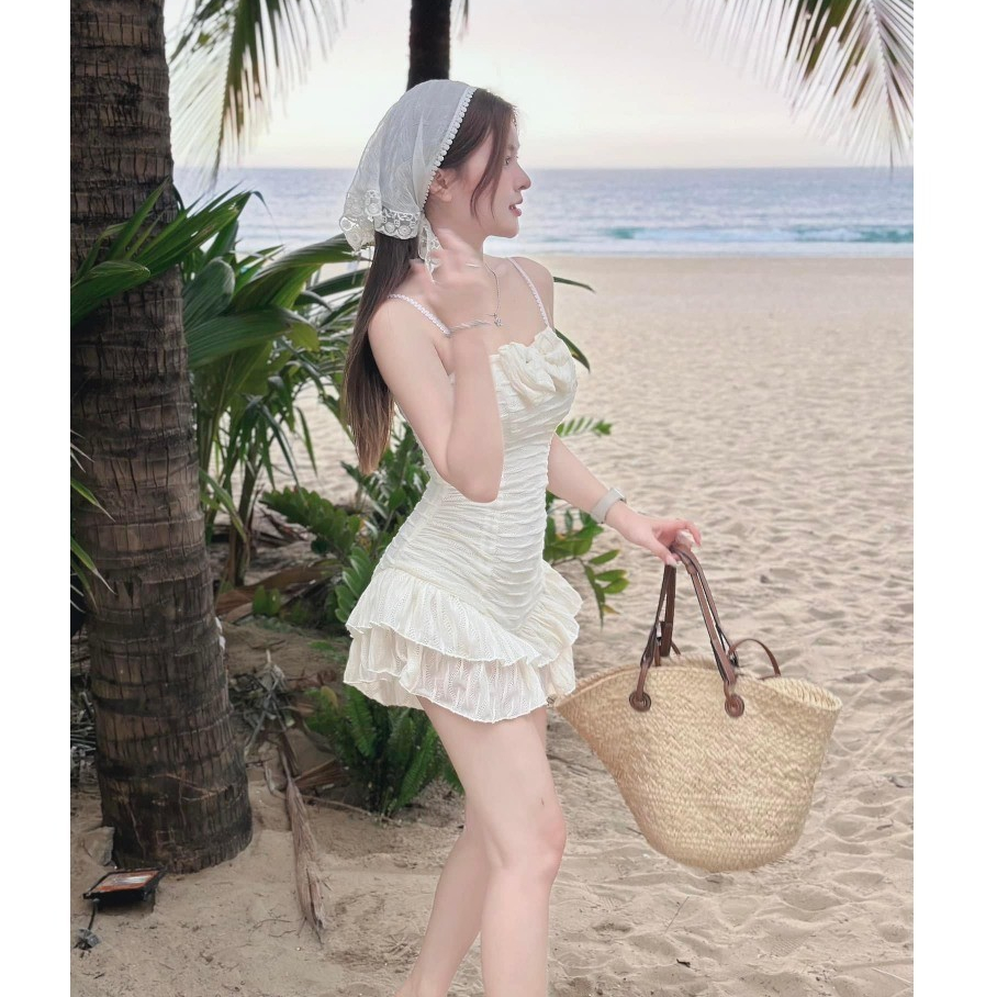 Jumpsuit nữ bikini liền thân vải xốp sóng nơ ngực siêu xinh, Váy đi biển 2 dây phối viền bèo phong cách sexy N2Bstyle | BigBuy360 - bigbuy360.vn