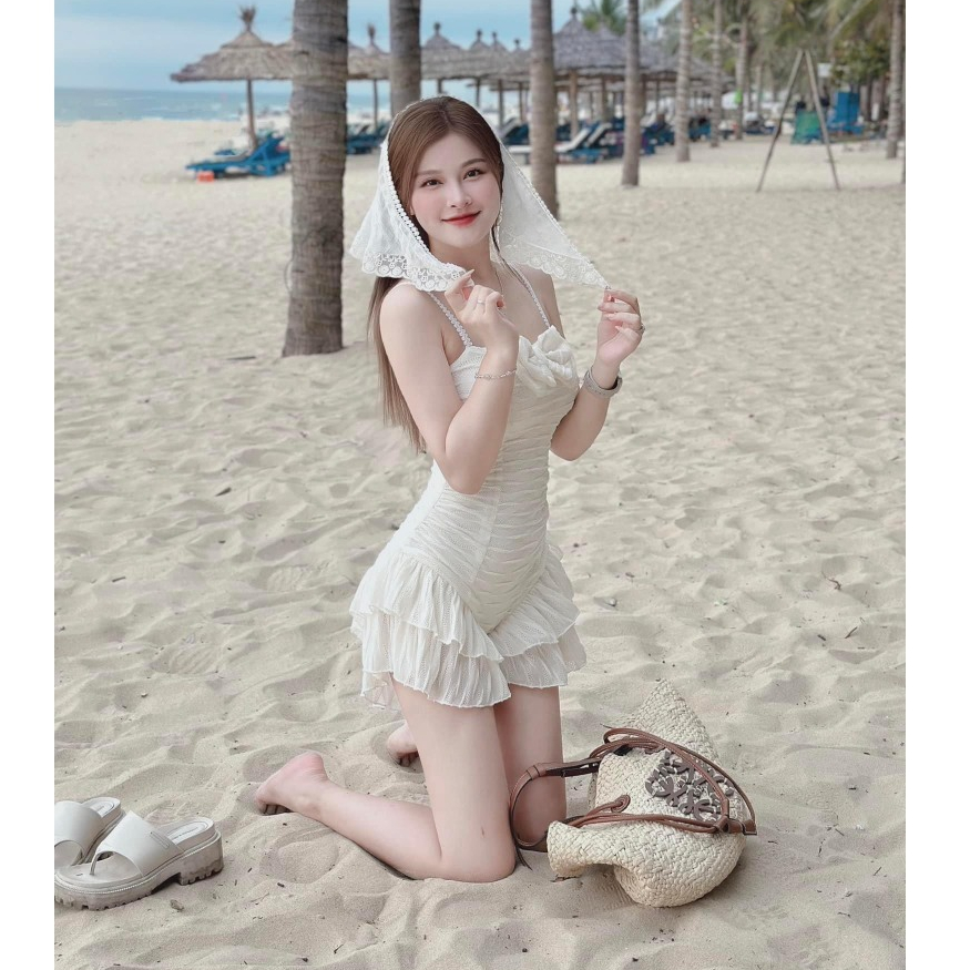 Jumpsuit nữ bikini liền thân vải xốp sóng nơ ngực siêu xinh, Váy đi biển 2 dây phối viền bèo phong cách sexy N2Bstyle | BigBuy360 - bigbuy360.vn