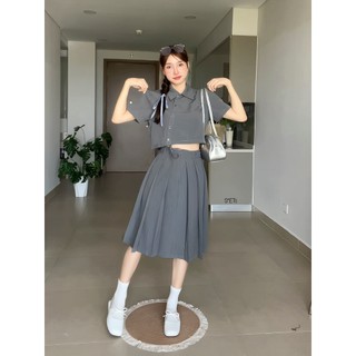 Áo sơ mi ngắn Xéo+Chân váy lửng xếp ly