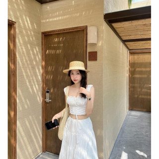 SET ÁO CROPTOP TRẮNG ĐAN DÂY NGỰC + CHÂN VÁY RÚT SET ĐI BIỂN Chân Váy Trắng Dài 5 Tầng Dây Rút