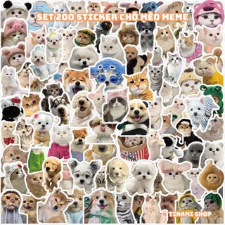 Set 200 sticker chó mèo meme cute dễ thương nhãn dán chó mèo hình dán cắt sẳn dùng trang trí