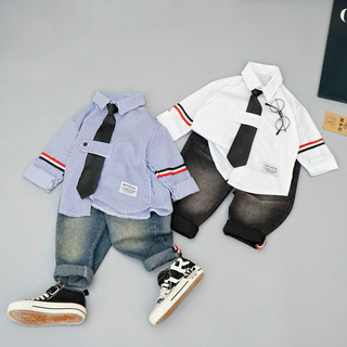 Sét bộ áo sơ mi phối quần dài jean cho bé trai tặng kèm cavat