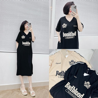 Đầm suông cotton, váy thun co dãn cổ v dáng dài in chữ BLOOD form rộng thời trang hai màu xinh