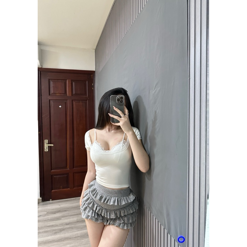 Áo thun ngắn tay viền ren phối bra ren(có mút mỏng) NANEECLOTHING