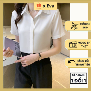 Áo sơ mi cộc tay nữ lụa kiểu công sở có nẹp giấu khuy, sơ mi nữ giấu cúc