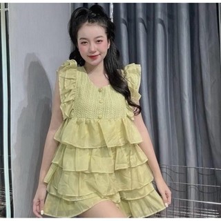 Set váy voan tơ xếp tầng kèm áo phối ren tay cánh tiên xinh xắn