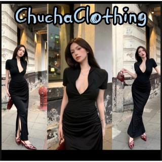 Đầm body tay ngắn dáng dài cổ V xếp ly nhún eo che vòng 2 siêu quyến rũ - Chuchaclothing