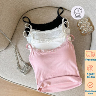 Áo Cotton 2 Dây, Áo Lót Ba Lỗ Chất Thun Màu Trơn Dáng Ôm Có Kèm Mút Ngực Phối Viền Ren Nơ Nhỏ Hàng Qccc / Smide Clothing
