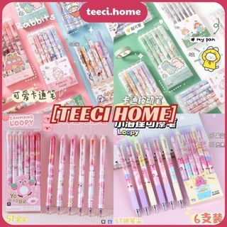 Set 6 Bút Mực Gel Đen Bút Bi Nước Mực Đen Dáng Vỏ Màu 0,5mm MOKA Cute Coleen Rái Cá Loopy Gấu Dâu TEECI T007