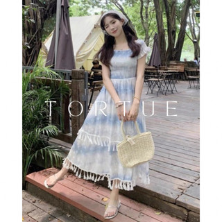 [Sẵn] V392 Đầm váy dài bo chun tua rua xanh biển tiểu thư nhẹ nhàng hè phong cách Pháp Retro Vintage Taobao 2024