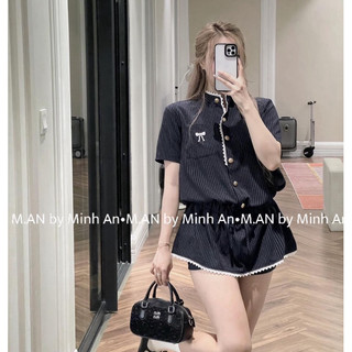Set áo sơmi kẻ viền ren nơ chân váy xoè tiểu thư