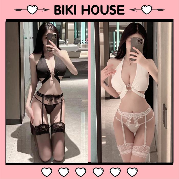 Đồ lót cột dây kèm đai garter nịt tất gợi cảm lingerie set nội y 2 mảnh garters vớ đen trắng quyến rũ BIKI HOUSE N802