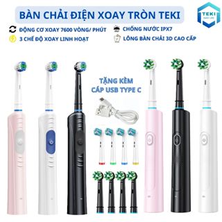 Bàn Chải Đánh Răng Điện Xoay Tròn Cao Cấp TEKI Kèm 4 Đầu Bàn Chải 3 Chế Độ Làm Sạch Xoay 45 Độ Sạc TYPE C Tiện Lợi