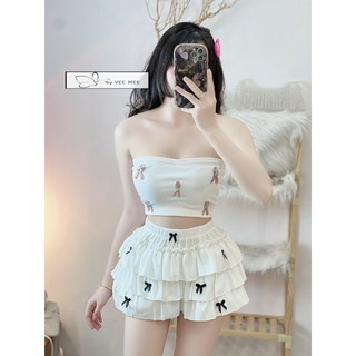 set áo cup hoa phối chân váy nơ tầng