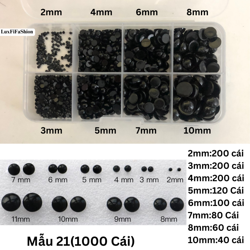 Hộp 1000 mắt thú gồm 8 kích thước từ 2mm-10mm