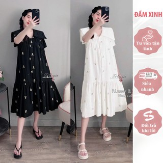 ĐẦM XINH V869-Váy bầu đi tiệc công sở dạo phố dáng babydoll hoa thêu sang chảnh vải mềm mát cực xinh