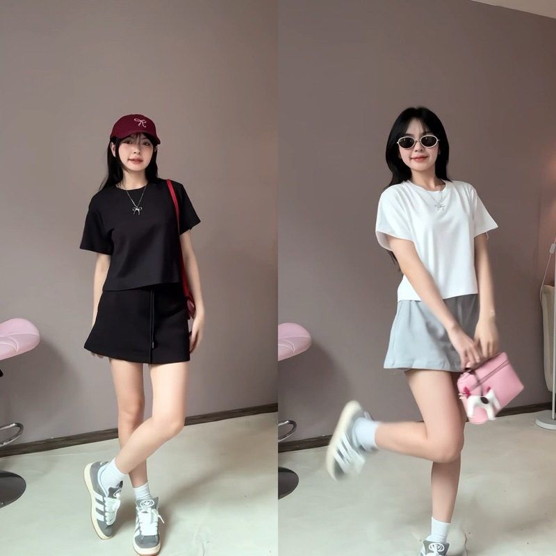 Set chân váy mini + áo thun croptop