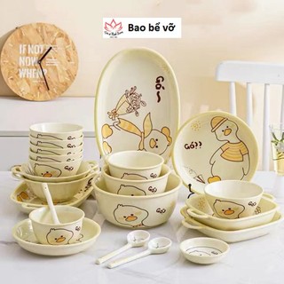 Bát đĩa vịt vàng tráng men cao cấp, bát cơm vị, đĩa sứ hình vịt, bát đĩa dễ thương
