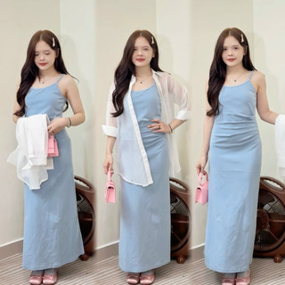 [SHOPPUMI] Set đầm 2s xanh nhún eo kèm sơ mi trắng tay dài freesize Pumi 15938
