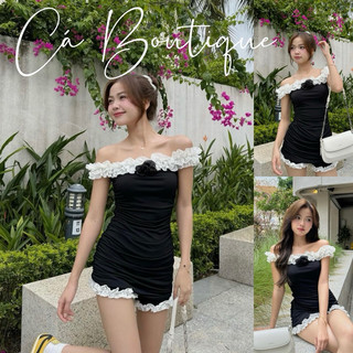 Đầm body trễ vai viền bèo nhún đính hoa hot Cá Boutique
