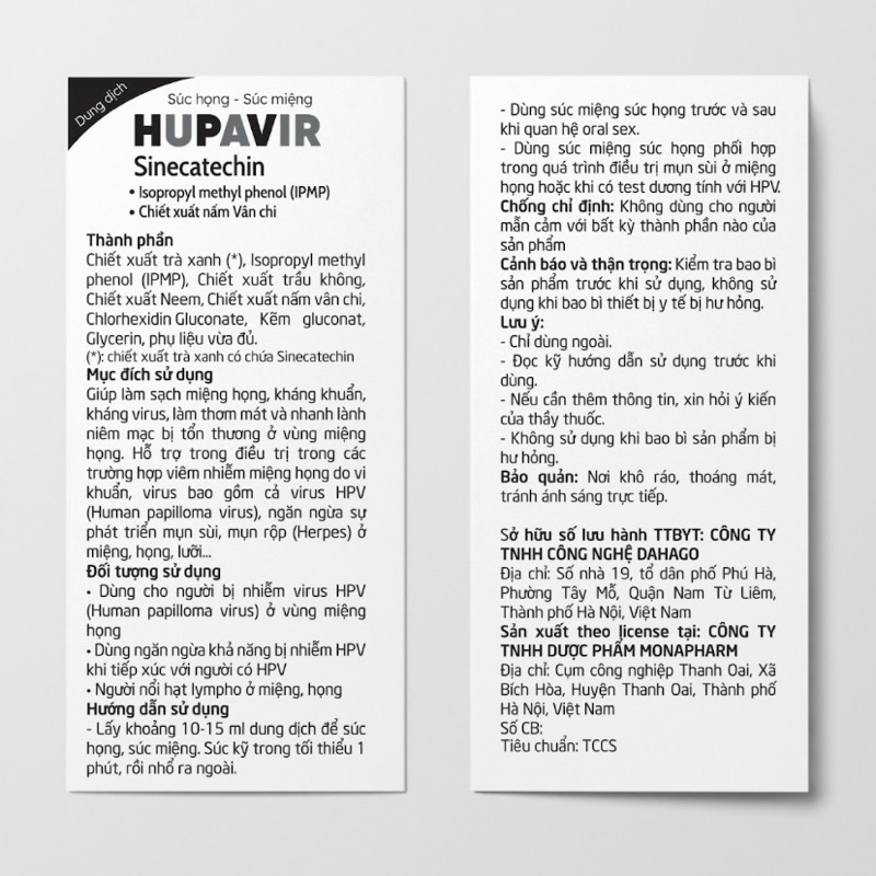 {Che tên} Nước súc miệng súc họng Hupavir hỗ trợ sùi mào gà, HPV, hạt lympho cho cả nam và nữ, 250ml